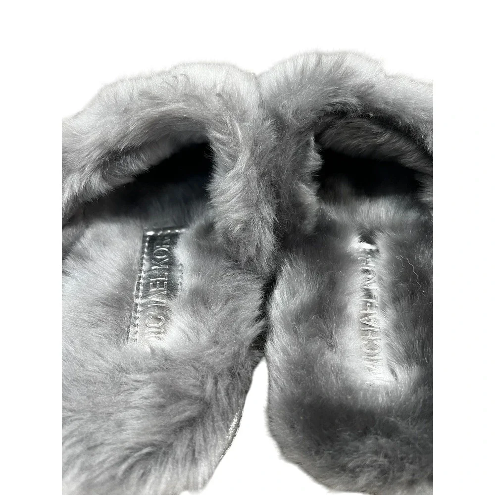 Michael Kors Women's Slippers‎ Gray Glitter Faux Fur Bow Accent Comfy Size 5